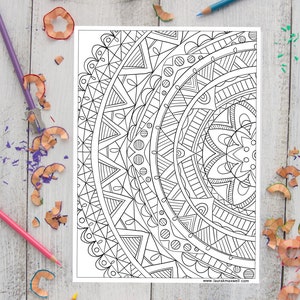 May include: A black and white mandala coloring page with intricate patterns and designs. The mandala is a half circle with a flower in the center.