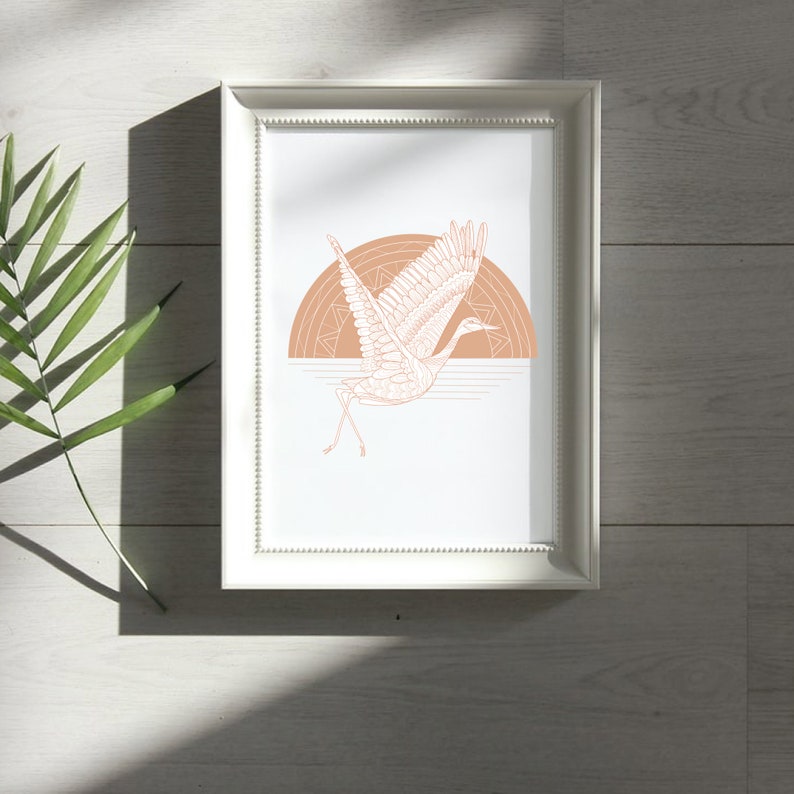 Peachy Crane Art Print / Flying Sandhill Crane Wall Art / Bird Art / Crane Art / image 2