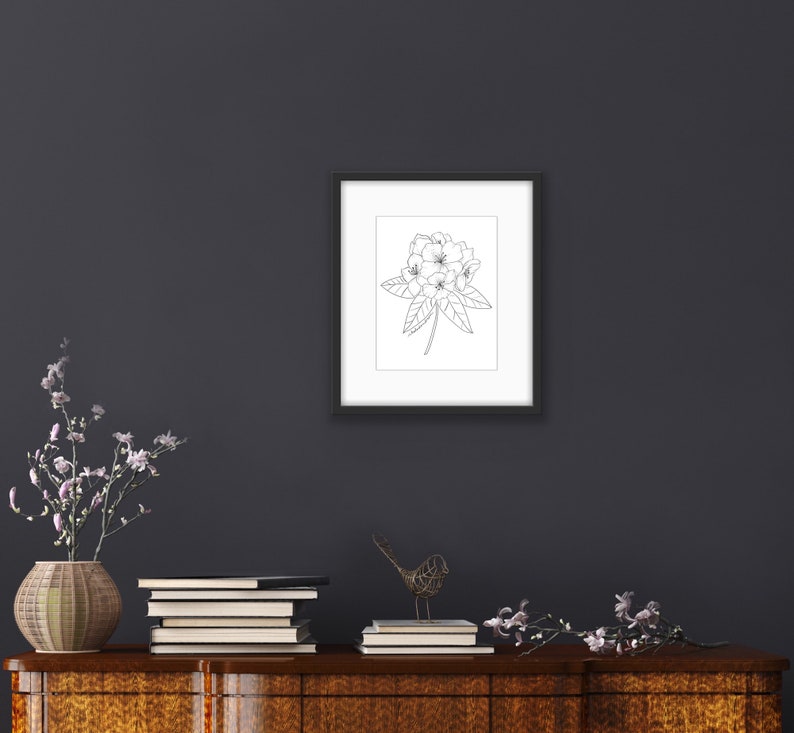 Rhododendren Drawing Art Print / Floral Art / Botonical Print / Black and White Flower Drawing / Botanical Illustration Wall Art image 3