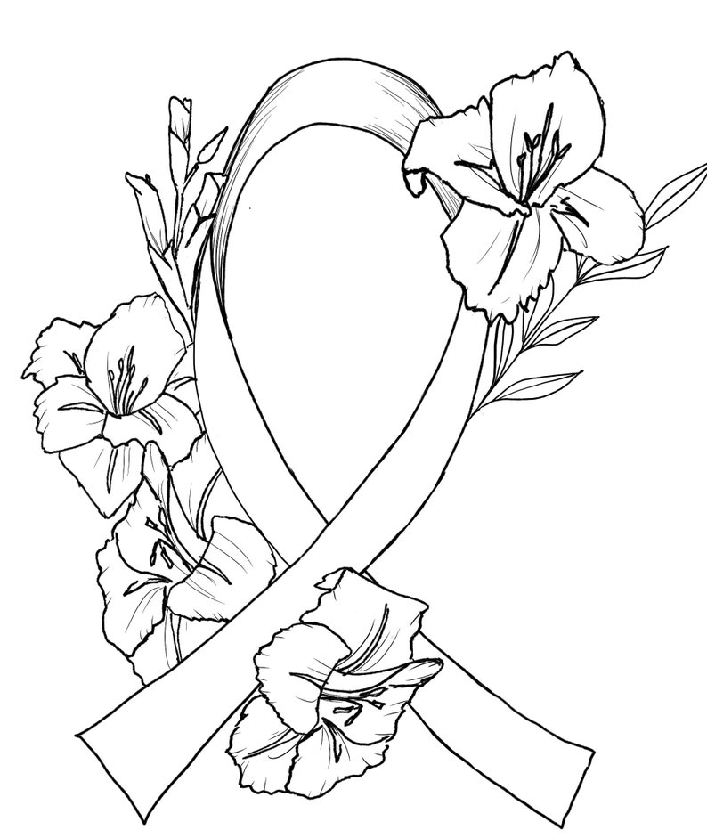 May include: A black and white line drawing of a ribbon tied in a bow with flowers on either side. The ribbon is a symbol of support and remembrance.