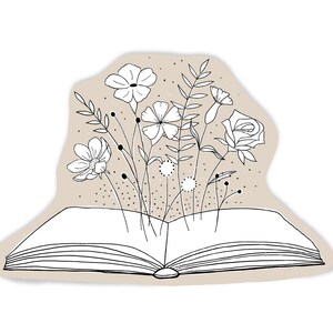 Flowers and Book Vinyl Sticker / Book Lover Gift / Library Sticker / Black and White Book Drawing / Floral Sticker / Open Book Art image 3
