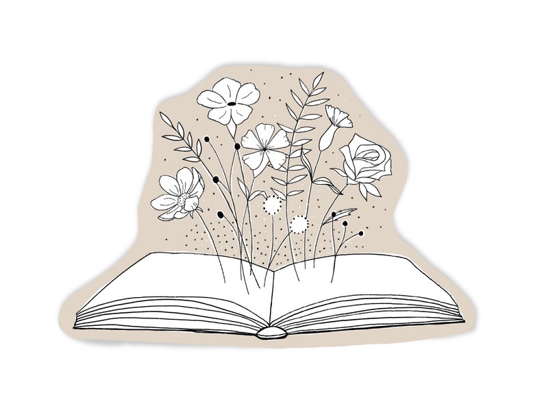 Flowers and Book Vinyl Sticker / Book Lover Gift / Library Sticker / Black and White Book Drawing / Floral Sticker / Open Book Art image 3