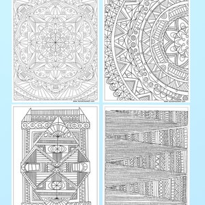 May include: Four black and white coloring pages with intricate geometric patterns. The patterns include circles, squares, triangles, and lines.