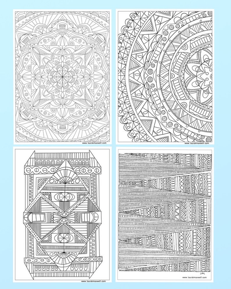 May include: Four black and white coloring pages with intricate geometric patterns. The patterns include circles, squares, triangles, and lines.