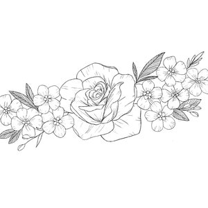 May include: A black and white line drawing of a floral arrangement featuring a single rose and several smaller flowers. The flowers are arranged in a horizontal line and are drawn in a realistic style.