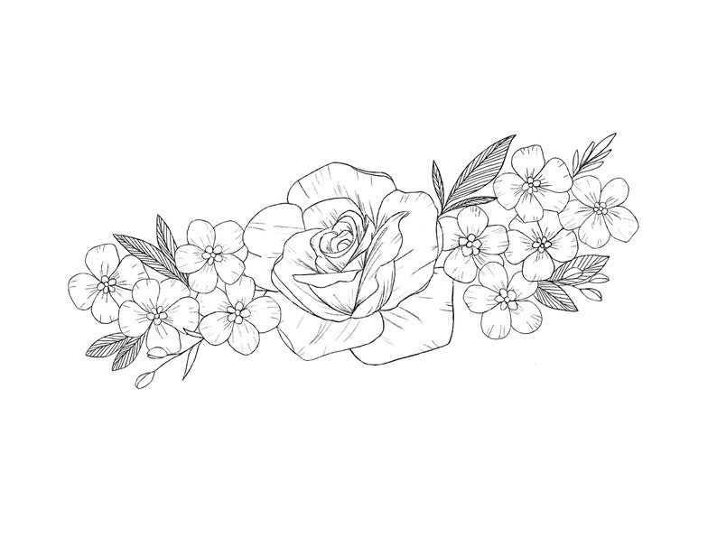 May include: A black and white line drawing of a floral arrangement featuring a single rose and several smaller flowers. The flowers are arranged in a horizontal line and are drawn in a realistic style.