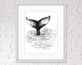 Whale Tale Art Print / Giclee Art Print / Ocean Animal Art / Beach House Wall Art / Whale Wall Art / Nautical Decor