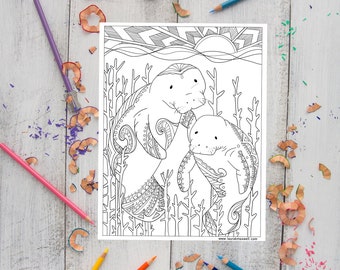 Manatees Coloring Sheet for Adults and Kids / Printable Coloring Page / Downloadable Colouring Sheet / Ocean Animal Coloring Page