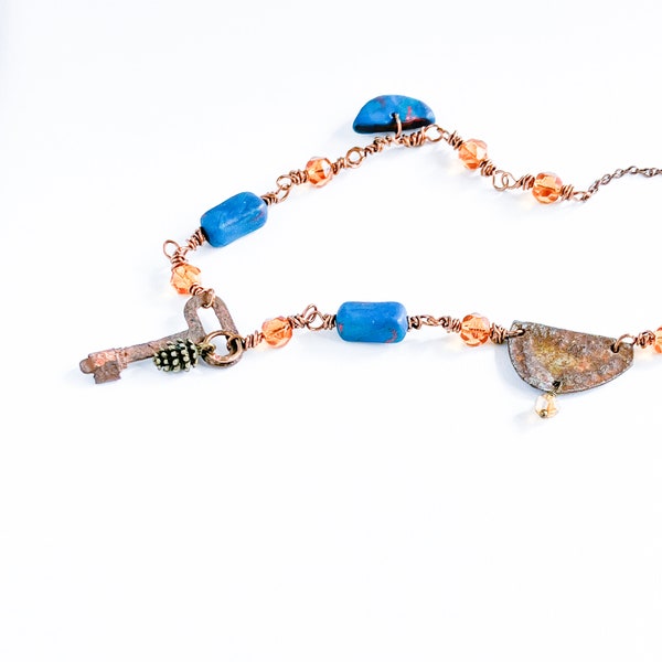 Assemblage necklace - Found object jewelry / Festive holiday mixedmedia necklace with amber beads and found objects