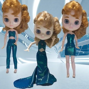 Color Changing Shiney Metallic Blue Green Doll Clothing Evening Gown Dress 1/6 BJD Doll Leggings Made to Fit Blythe Stock and Licca Dolls