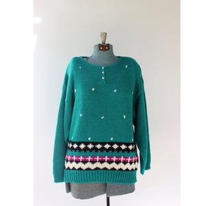 1980s Green Sweater // Vintage 80s Pullover // Hearts // Nordic // Shoulder Pads // Collections