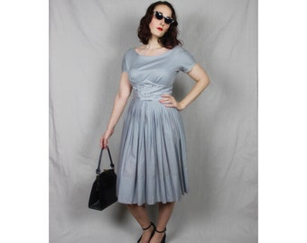 Holiday Sale! Vintage 1950s Slate Blue Pleated Flare Circle Midi Dress / Henley Jr