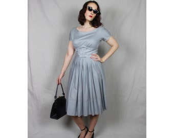 Vintage 1950s Slate Blue Pleated Flare Circle Midi Dress / Henley Jr