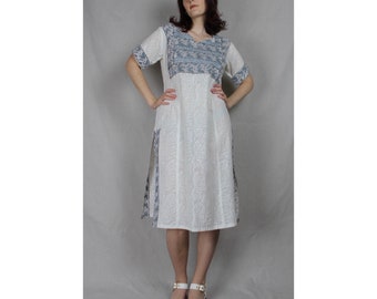 Vintage 1970s Hand-painted Tunic Dress Kaftan / Ethnic Midi Dress