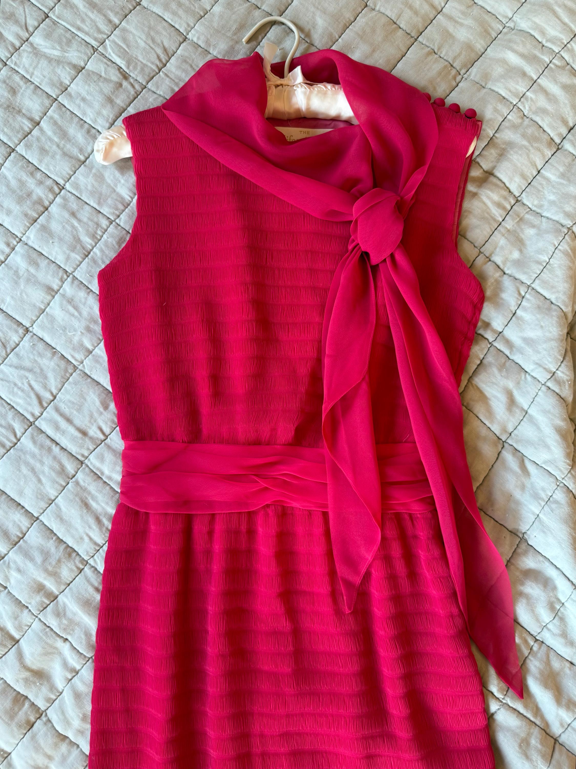 Vintage Early 1960s Hot Pink Magenta Chiffon Cocktail Dress / Sleeveless Scarf Dress / Maisel