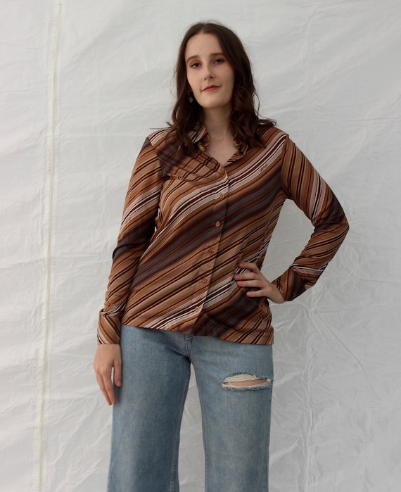 Vintage 70s Disco Shirt / 1970s Striped Big Collar