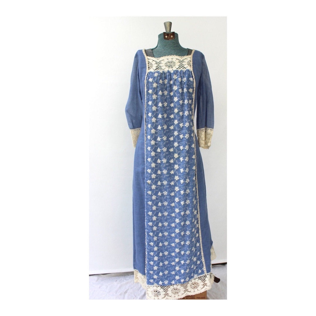 Vintage 1970s Blue Maxi Dress // 70s Boho Prairie Dress // Gypsy Hippie ...