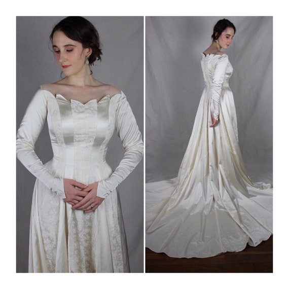 Vintage 1950s Satin and Lace Wedding Dress / Long