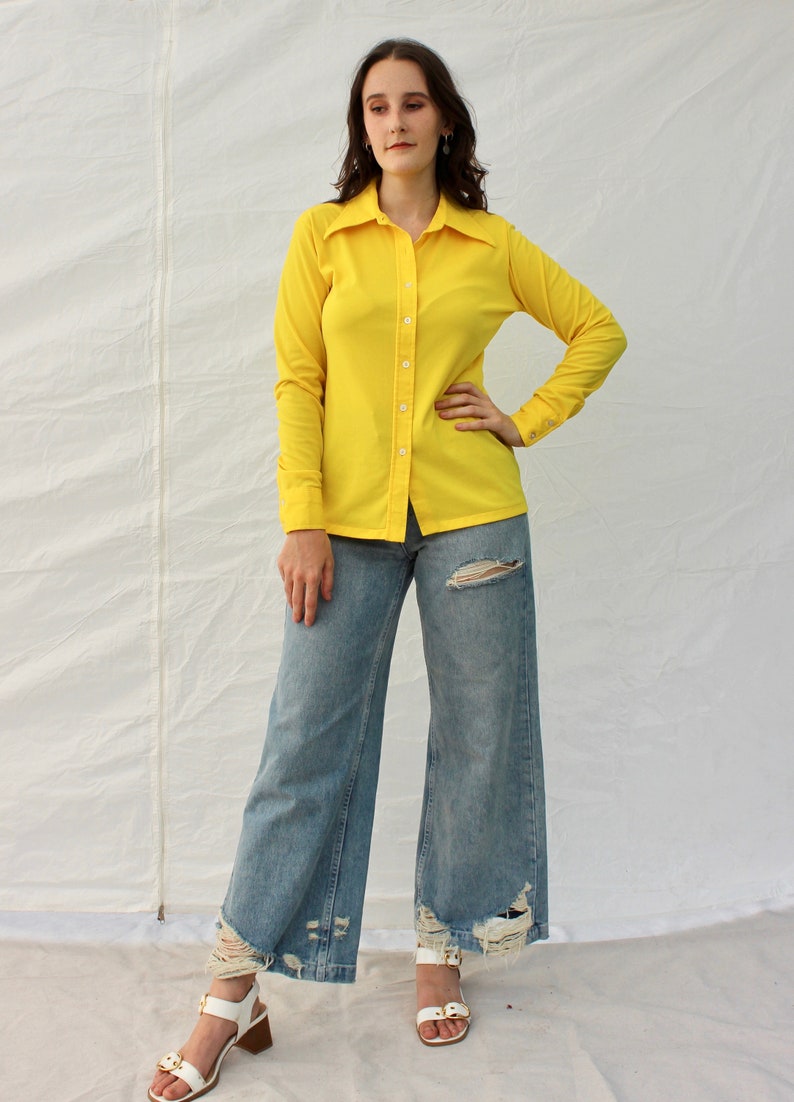 Vintage 70s Bright Yellow Disco Shirt Groovy Polyester Blouse Big Collar 1970s HOLIDAY SALE