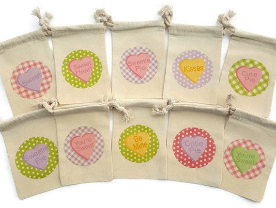 Valentine Favor Bags Candy Conversation Heart 4x6 Muslin Treat Gift Bags Set of 10: Be Mine Sweet Heart Cutie Pie Valentine's Day Parties Il_570xn