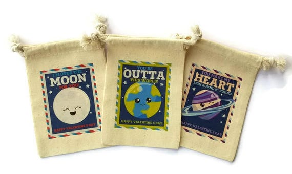 Outer Space Earth Moon Planets Set of 10 Muslin 4x6 Gift Bags Valentines Kids School Party Goody Bag Treats You're outta this World Custom#s Il_570xn