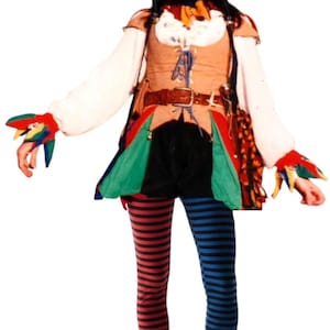 May include: A jester costume featuring a multi-colored hat with bells, a tan vest with blue lacing, white long sleeves, and black shorts. The outfit includes leggings with horizontal stripes in red and black on one side and blue and black on the other.