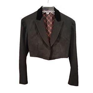 May include: A cropped charcoal blazer with a black velvet collar. The interior lining features a red and pink plaid pattern. The jacket is hanging on a white hanger against a white background.