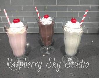 New Handmade Faux Fake Ice Cream Milkshake Vanilla Chocolate Strawberry, Old Fashioned Style Milkshake, Photo Props