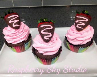 Fake Cupcake, Fake Chocolate Covered Strawberry Cupcake , Strawberry Cupcakes, Chocolate Cupcakes, Fake Food, Prop Food, Decorative Food