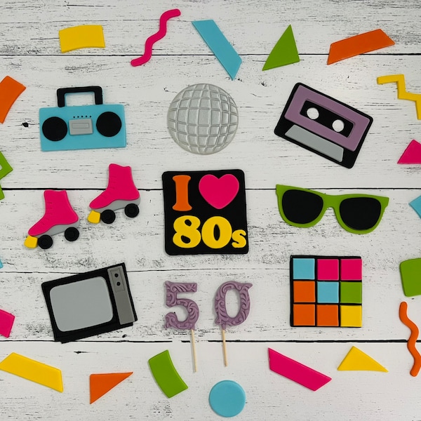90s Throwback, 80s Fever, 80s Fondant Cake Toppers, Roller skates, Music Box, Disco Ball, Cassette Tape, Cube Game, 80s games, 90s games