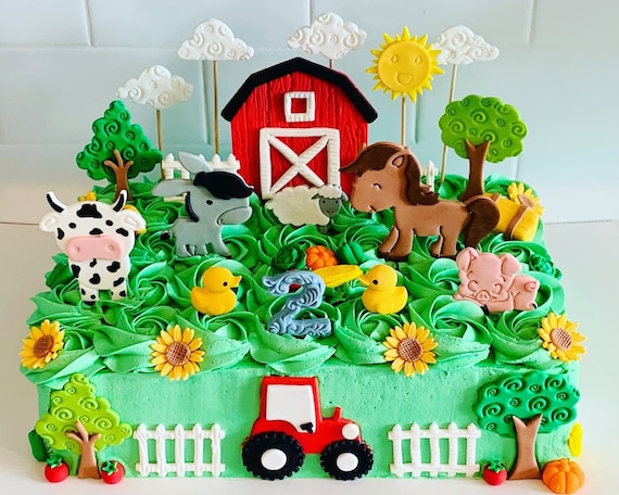  Farm Animal Cake Topper with Cow Horse Sheep Pig Duck Hen for  Farm Animal Theme Birthday Baby Shower Party : Toys & Games