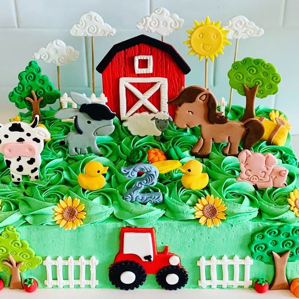 Barn Farm Animals Fondant Cake Toppers, Horse, Donkey, Cow, Sheep, Pig, Chicks, Tractor, Clouds, Sun