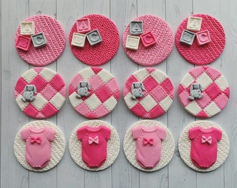 Babyshower Fondant Toppers, Baby Bodysuit Topper, Fondant Quilt, Fondant Bunny, Fondant ABC blocks