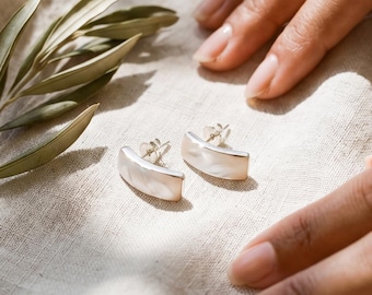 Mother of Pearl Earrings 925 Silver Curved Studs Shell Panel Earrings High Shine Ocean Moon Jewelry Handmade Gift