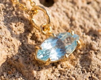 Faceted Blue Topaz Pendant 925 Silver Gold Plated Eye Shape Crystal Necklace Sagittarius Scorpio Jewelry