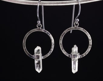 Circle Portal Wrap Setting with Fossicked Australian Double Terminated Quartz, Oxidised Textured Sterling Silver Hoop Hook Dangle Earrings