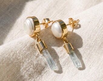 South Sea Pearl Aquamarine Stud Earrings 18k Gold Plated 925 Silver Raw Crystal Dangles Throat Chakra Gift