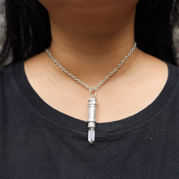 Australian Natural Clear Quartz Point - Solid Capsule Locket - Stash Urn - Textured & Sterling Silver Pendant