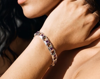 Square Amethyst Link Bracelet 925 Sterling Silver Purple Crystal Bracelet Crown Chakra Jewelry High Shine Gemstone Tennis Bracelet