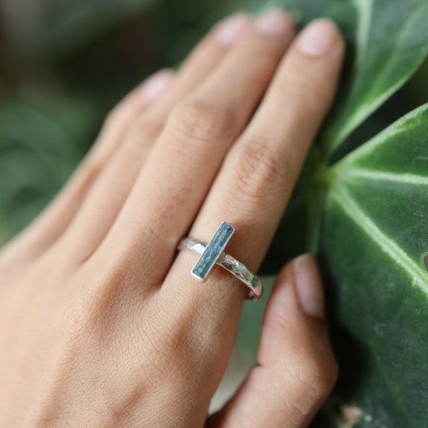 Azure Rhythm: Blue Kyanite- Sterling Silver Ring - Hammer Textured & Shiny Finish - Size 9 US - NO/03