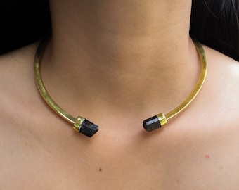 Brown Tourmaline Choker 3 Micron Gold Plated Brass Dravite Crystal Neck Cuff Root Chakra Grounding Jewelry Gift