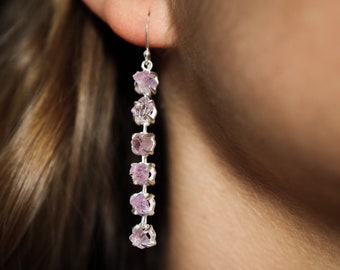6 Raw deep purple Amethyst gem - Sterling Silver - Claw / Prong dangle hook crystal Earring