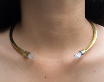 Gold Plated Lemurian Quartz Choker: Crystal Point Collar
