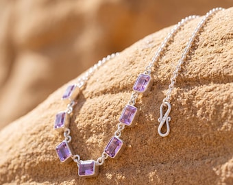 Amethyst 7 Stone Necklace 925 Silver Cable Chain Square Cut Gemstone Necklace Crown Chakra Purple Jewelry Gift