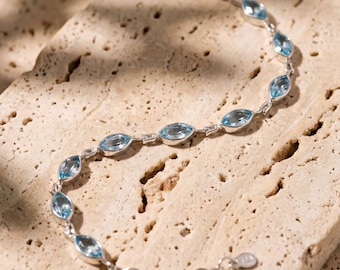 Blue Topaz Marquise Bracelet 925 Sterling Silver Faceted Blue Topaz Link Bracelet High Shine Polish Lobster Clasp December Birthstone Gift