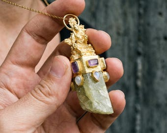 Aquamarine Amethyst Moonstone Necklace 925 Sterling Silver Brass Sarasvati Pendant Crown Throat Chakra Gift
