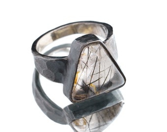 Rutilated Quartz Mens Ring 925 Sterling Silver Oxidized Hammered Band Golden Rutile Protection Gift Size 8 3/4