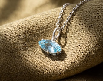 Blue Topaz Eye Pendant 925 Silver Marquise Faceted Claw Set Necklace Shiny Sand Texture Sky Blue Gemstone Throat Chakra Jewelry