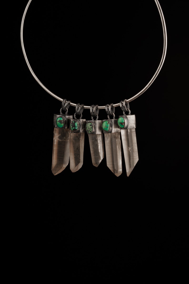 Oxidised textured sterling Silver Light Smokey Lemurian specialty Quartz point /& Old cut Turquoise Big Crystal Necklace Pendant 7