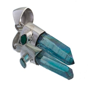 Aqua Aura Quartz Pendant, Eye Shape Faceted Emerald, High Shine 925 Sterling Silver, Crystal Healing Pendant, Unique Gift, Chakra Jewelry